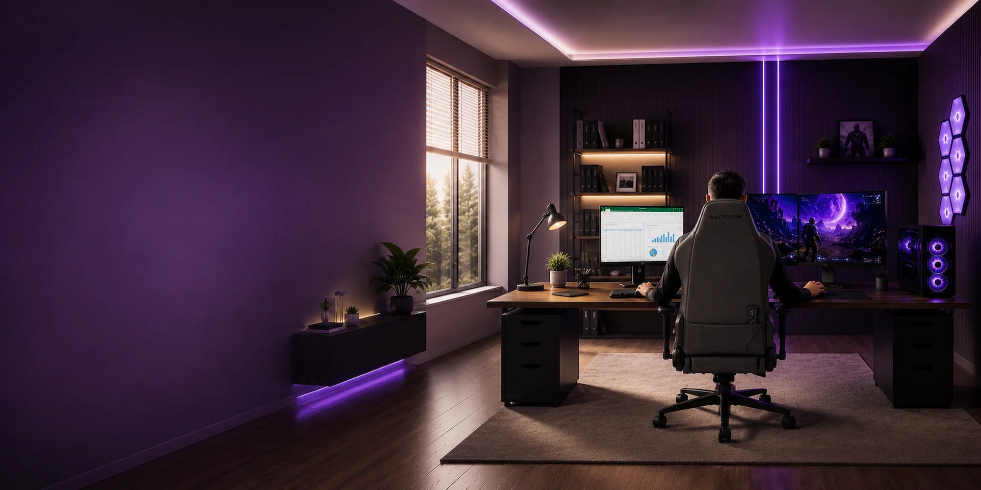Ergonomischer Gaming- und Bürostuhl von MaxPodium im dunklen Setup